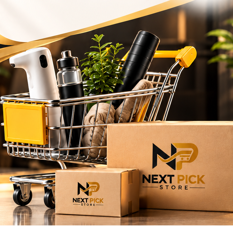 Promotional graphic for Next Pick Store showing a shopping cart filled with assorted products, several branded cardboard boxes, and a large logo banner at the top. The text reads 'NEXT PICK STORE' with icons for fast shipping, secure payments, quality products, and dedicated support.