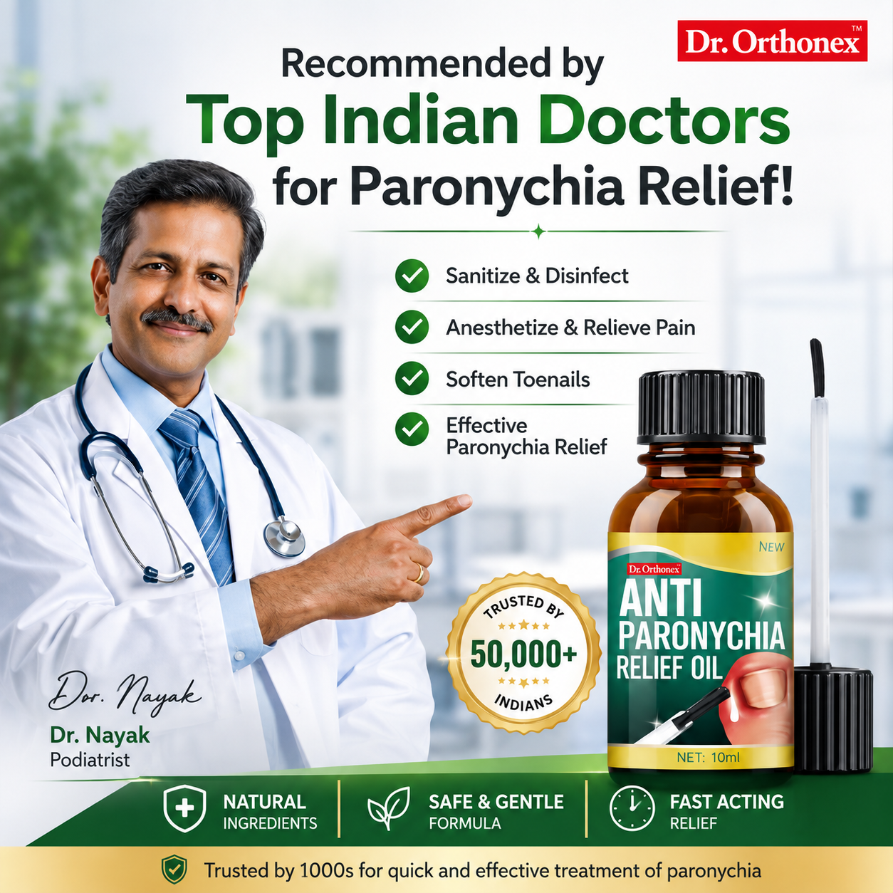 Banner for Dr. Orthon's Anti Paronychia Relief Oil, featuring a doctor named Dr. nayak
