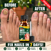 A bottle of Dr. Orthonex Anti Paronychia Relief Oil is shown between a before-and-after comparison of toenails.